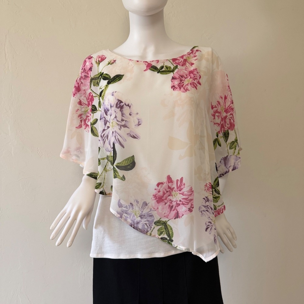 Ann‎ Taylor Factory Floral Layered Poncho Blouse White Pink  Asymmetrical Size M